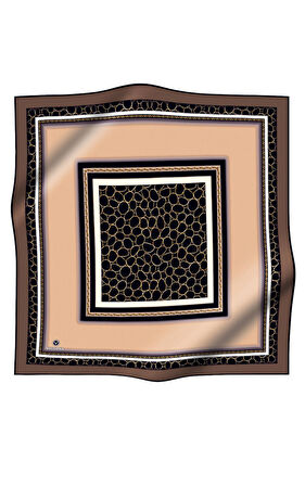 %100 Twill İpek Gold Halka Desenli Bej - Kahverengi Renkli 90x90 Eşarp Dikim Şekli : El Dikişi