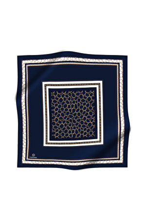 %100 Twill İpek Gold Halka Desenli Lacivert - Krem Renkli 90x90 Eşarp Dikim Şekli : El Dikişi