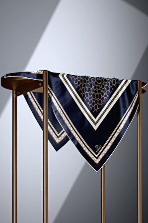 %100 Twill İpek Gold Halka Desenli Lacivert - Krem Renkli 90x90 Eşarp Dikim Şekli : El Dikişi