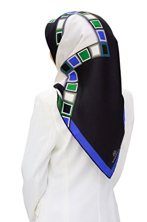 %100 Twill İpek Geometrik Desenli Saks - Zümrüt Yeşili Renkli 90x90 Eşarp Dikim Şekli : El Dikişi