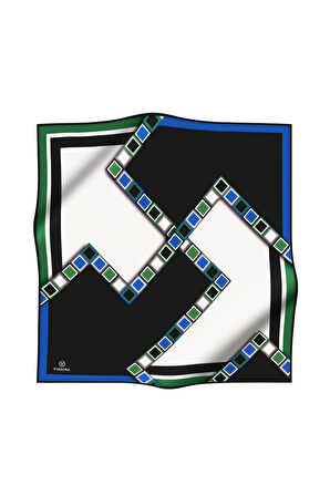 %100 Twill İpek Geometrik Desenli Saks - Zümrüt Yeşili Renkli 90x90 Eşarp Dikim Şekli : El Dikişi