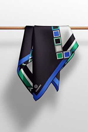 %100 Twill İpek Geometrik Desenli Saks - Zümrüt Yeşili Renkli 90x90 Eşarp Dikim Şekli : El Dikişi