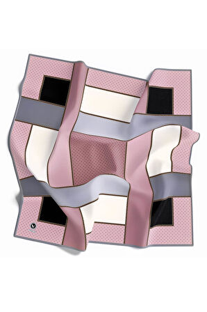 Twill Geometrik Desenli Bakır - Bej Renkli 90x90 Eşarp (İpek İçermez) Kenar Dikiş Şekli El Dikişli