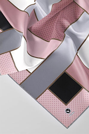 Twill Geometrik Desenli Bakır - Bej Renkli 90x90 Eşarp (İpek İçermez) Kenar Dikiş Şekli El Dikişli