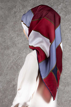 Twill Geometrik Desenli Bordo - Lacivert Renkli 90x90 Eşarp (İpek İçermez) Kenar Dikiş Şekli El Dikişli