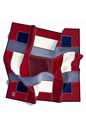 Twill Geometrik Desenli Bordo - Lacivert Renkli 90x90 Eşarp (İpek İçermez) Kenar Dikiş Şekli El Dikişli