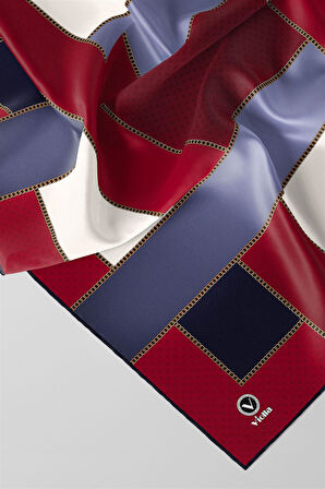 Twill Geometrik Desenli Bordo - Lacivert Renkli 90x90 Eşarp (İpek İçermez) Kenar Dikiş Şekli El Dikişli