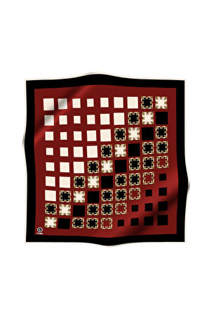 Twill Gold Detaylı Kare Desenli Bordo - Siyah Renkli 90x90 Eşarp (İpek İçermez) Kenar Dikiş Şekli El Dikişli