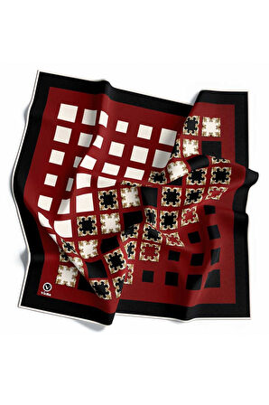 Twill Gold Detaylı Kare Desenli Bordo - Siyah Renkli 90x90 Eşarp (İpek İçermez) Kenar Dikiş Şekli El Dikişli