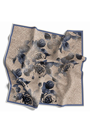 Twill Gül Desenli İndigo Mavisi Renkli 90x90 Eşarp (İpek İçermez) Kenar Dikiş Şekli El Dikişli