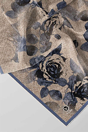 Twill Gül Desenli İndigo Mavisi Renkli 90x90 Eşarp (İpek İçermez) Kenar Dikiş Şekli El Dikişli