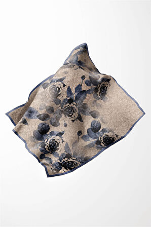 Twill Gül Desenli İndigo Mavisi Renkli 90x90 Eşarp (İpek İçermez) Kenar Dikiş Şekli El Dikişli