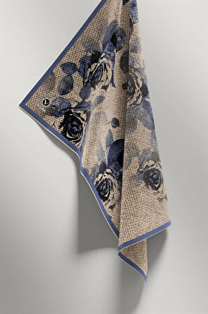 Twill Gül Desenli İndigo Mavisi Renkli 90x90 Eşarp (İpek İçermez) Kenar Dikiş Şekli El Dikişli