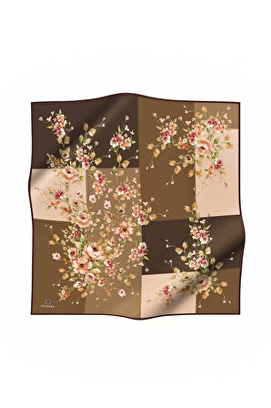 %100 Twill İpek Geometrik Ve Çiçek Desenli Kahverengi Renkli 90x90 Eşarp Dikim Şekli : El Dikişi