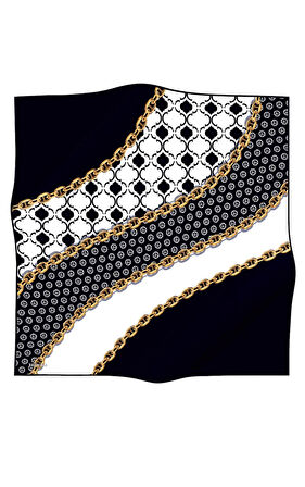 %100 Twill İpek Monogram Ve Zincir Desenli Siyah - Beyaz Renkli 90x90 Eşarp Dikim Şekli : El Dikişi