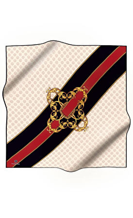 %100 Twill İpek Monogram Ve Barok Desenli Krem - Bordo Renkli 90x90 Eşarp Dikim Şekli : El Dikişi