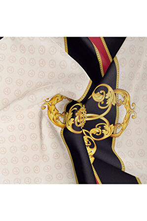 %100 Twill İpek Monogram Ve Barok Desenli Krem - Bordo Renkli 90x90 Eşarp Dikim Şekli : El Dikişi