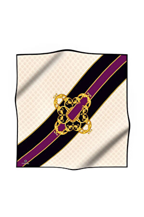 %100 Twill İpek Monogram Ve Barok Desenli Krem - Mürdüm Renkli 90x90 Eşarp Dikim Şekli : El Dikişi