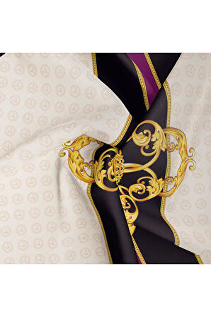 %100 Twill İpek Monogram Ve Barok Desenli Krem - Mürdüm Renkli 90x90 Eşarp Dikim Şekli : El Dikişi