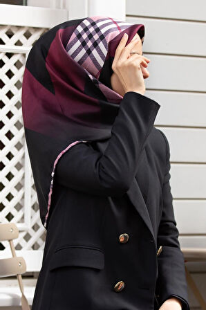 %100 Twill İpek Ekose Desenli Mürdüm - Pudra Renkli 90x90 Eşarp Dikim Şekli : El Dikişi