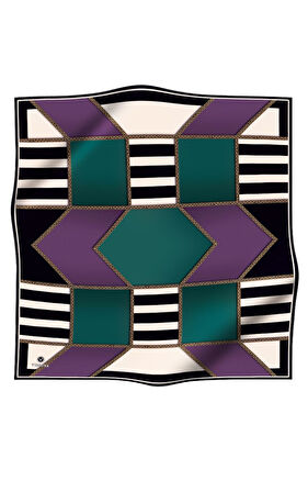 %100 Twill İpek Geometrik Desenli Lila - Petrol Yeşili Renkli 90x90 Eşarp Dikim Şekli : El Dikişi