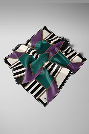 %100 Twill İpek Geometrik Desenli Lila - Petrol Yeşili Renkli 90x90 Eşarp Dikim Şekli : El Dikişi