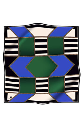 %100 Twill İpek Geometrik Desenli Saks - Zümrüt Yeşili Renkli 90x90 Eşarp Dikim Şekli : El Dikişi