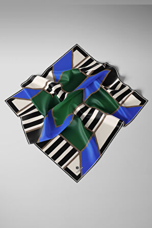 %100 Twill İpek Geometrik Desenli Saks - Zümrüt Yeşili Renkli 90x90 Eşarp Dikim Şekli : El Dikişi