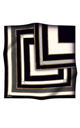 %100 Twill İpek Zincir Detaylı Geometrik Desenli Siyah - Krem Renkli 90x90 Eşarp Dikim Şekli : El Dikişi