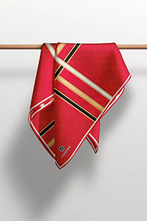 %100 Twill İpek Gold Şeritli Monogram Desenli Kırmızı - Gold Renkli 90x90 Eşarp Dikim Şekli : El Dikişi