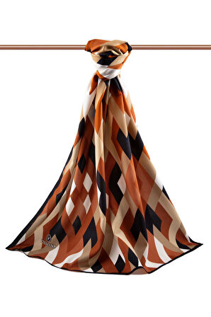 LÜKS MEDİNE İPEĞİ GEOMETRİK DESENLİ TABA RENKLİ 75X195 KIRIŞMAZ ŞAL MOSS KREP DİKİŞ TİPİ İTALYAN DİKİŞLİ