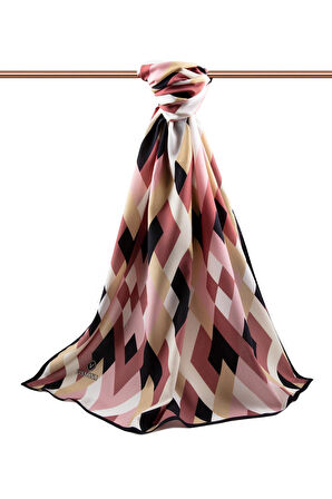 LÜKS MEDİNE İPEĞİ GEOMETRİK DESENLİ PUDRA RENKLİ 75X195 KIRIŞMAZ ŞAL MOSS KREP DİKİŞ TİPİ İTALYAN DİKİŞLİ