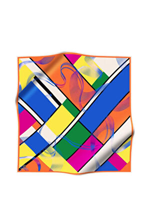 %100 Twill İpek Geometrik Desenli Turuncu - Saks Renkli 90x90 Eşarp Dikim Şekli : El Dikişi