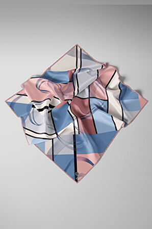 %100 Twill İpek Geometrik Desenli Pudra - Bebe Mavisi Renkli 90x90 Eşarp Dikim Şekli : El Dikişi