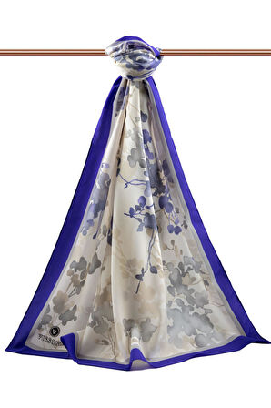 LÜKS MEDİNE İPEĞİ ÇİÇEK DESENLİ SAKS RENKLİ 75X195 KIRIŞMAZ ŞAL MOSS KREP DİKİŞ TİPİ İTALYAN DİKİŞLİ