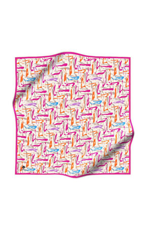 %100 Twill İpek Geometrik Desenli Turuncu - Pembe Renkli 90x90 Eşarp Dikim Şekli : El Dikişi
