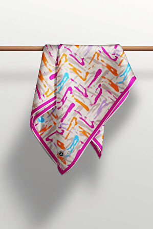 %100 Twill İpek Geometrik Desenli Turuncu - Pembe Renkli 90x90 Eşarp Dikim Şekli : El Dikişi