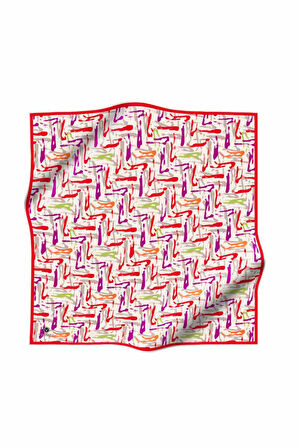 %100 Twill İpek Geometrik Desenli Kırmızı- Mürdüm Renkli 90x90 Eşarp Dikim Şekli : El Dikişi