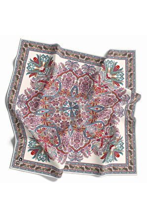 Kristal Şal Desenli Beyaz Renkli 90x90 Eşarp (İpek İçermez) Dikim Şekli : El Dikişi