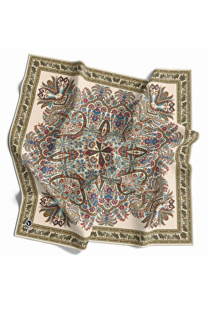 Kristal Şal Desenli Krem Renkli 90x90 Eşarp (İpek İçermez) Dikim Şekli : El Dikişi