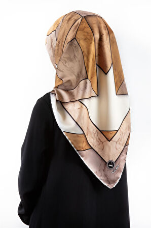 Twill Mermer Desenli Hardal - Bej Renkli 90x90 Eşarp (İpek İçermez) Kenar Dikiş Şekli El Dikişli