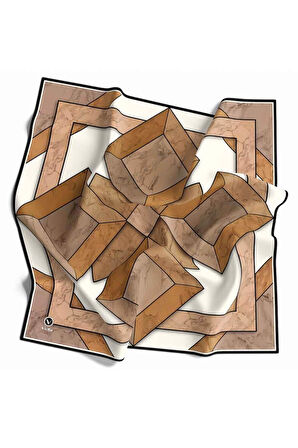 Twill Mermer Desenli Hardal - Bej Renkli 90x90 Eşarp (İpek İçermez) Kenar Dikiş Şekli El Dikişli