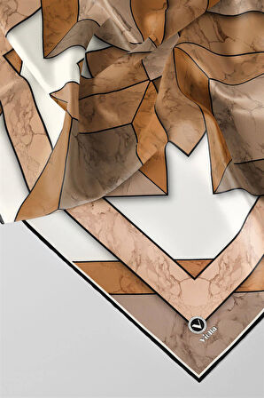 Twill Mermer Desenli Hardal - Bej Renkli 90x90 Eşarp (İpek İçermez) Kenar Dikiş Şekli El Dikişli