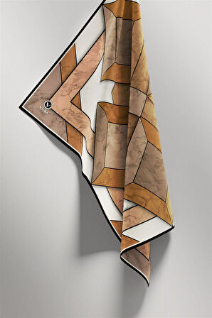 Twill Mermer Desenli Hardal - Bej Renkli 90x90 Eşarp (İpek İçermez) Kenar Dikiş Şekli El Dikişli