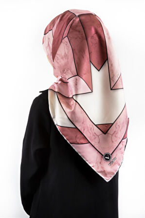 Twill Mermer Desenli Pudra - Gül Kurusu Renkli 90x90 Eşarp (İpek İçermez) Kenar Dikiş Şekli El Dikişli