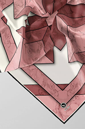 Twill Mermer Desenli Pudra - Gül Kurusu Renkli 90x90 Eşarp (İpek İçermez) Kenar Dikiş Şekli El Dikişli