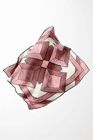 Twill Mermer Desenli Pudra - Gül Kurusu Renkli 90x90 Eşarp (İpek İçermez) Kenar Dikiş Şekli El Dikişli