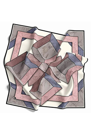 Twill Mermer Desenli Pudra - Bebe Mavisi Renkli 90x90 Eşarp (İpek İçermez) Kenar Dikiş Şekli El Dikişli