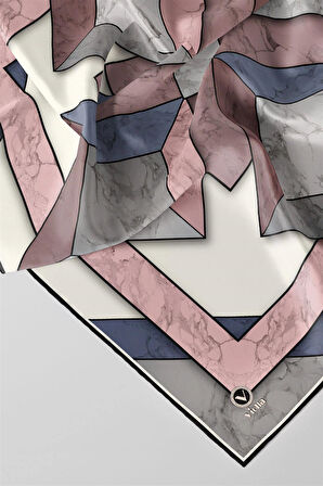 Twill Mermer Desenli Pudra - Bebe Mavisi Renkli 90x90 Eşarp (İpek İçermez) Kenar Dikiş Şekli El Dikişli