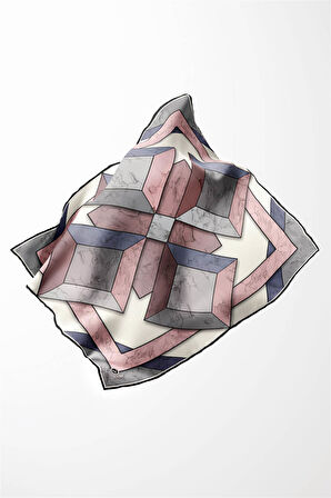 Twill Mermer Desenli Pudra - Bebe Mavisi Renkli 90x90 Eşarp (İpek İçermez) Kenar Dikiş Şekli El Dikişli